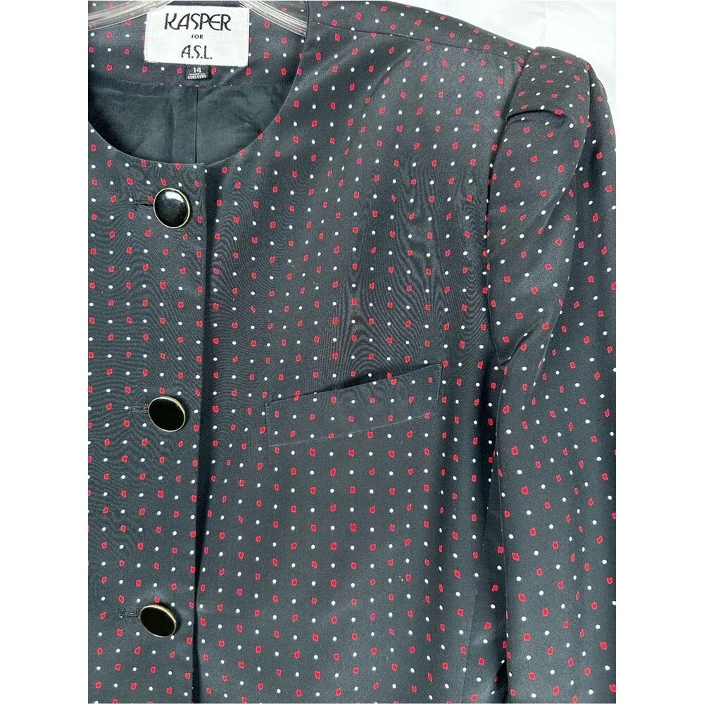Kasper ASL Vintage Polka Dot Skirt Suit Size 14 Black Red Career Boss Lady